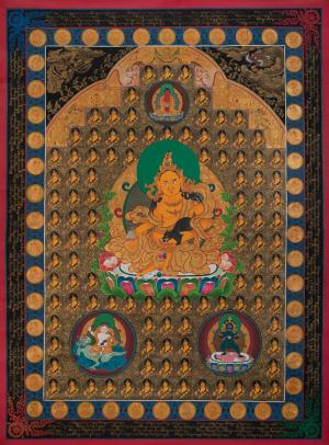 Big 91 x 114 cms 108 Yellow Dzambala Flanked By White And Black Dzambala with Amitabha Buddha On Top